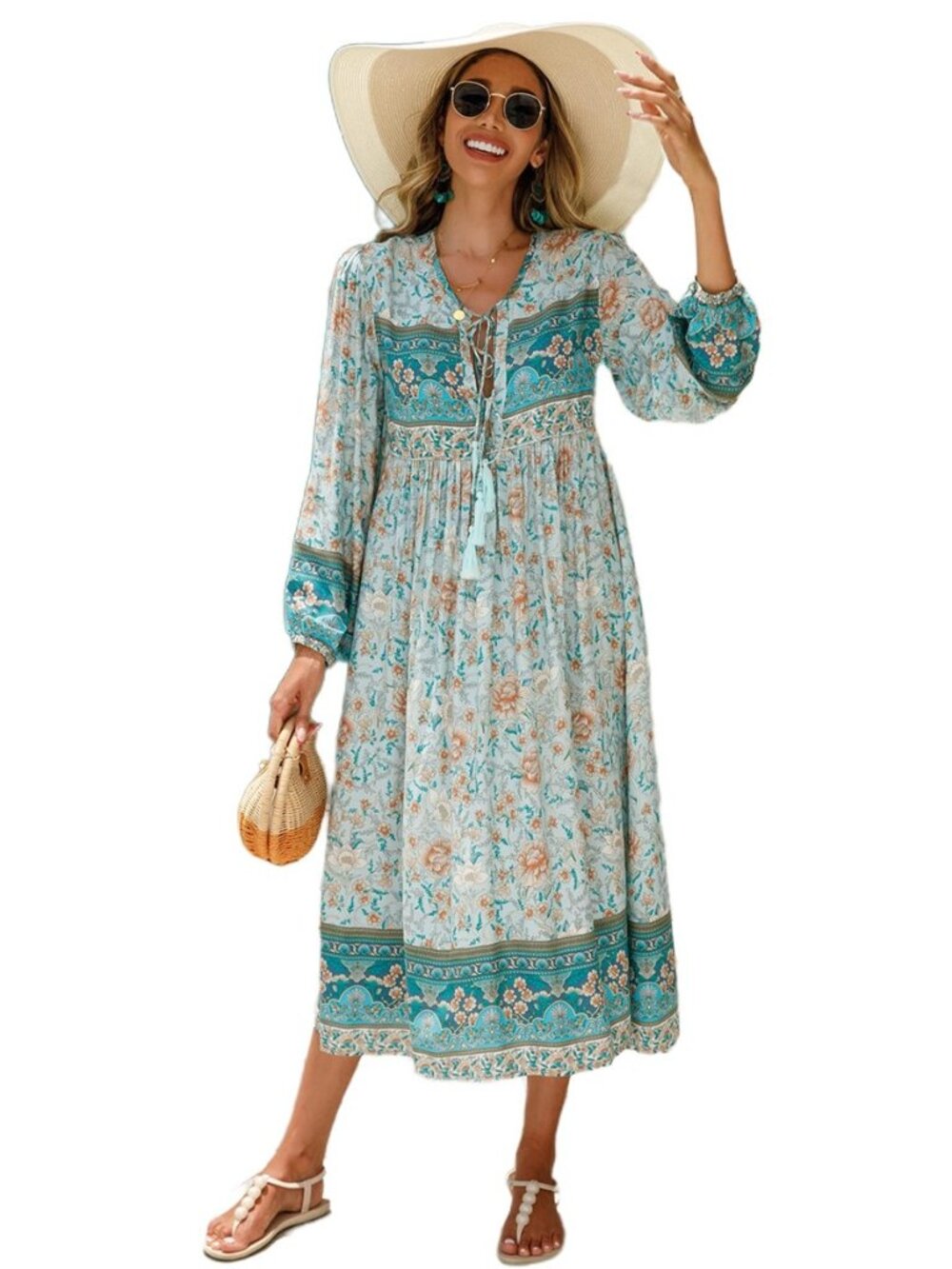 Women's Long Sleeve Floral V Neck Bohemian Midi Dress